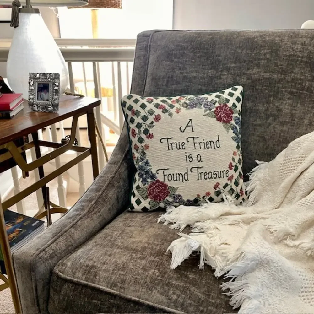 Vintage Style Tapestry Throw Pillow 17in Friendship Cottagecore Farmhouse Gift